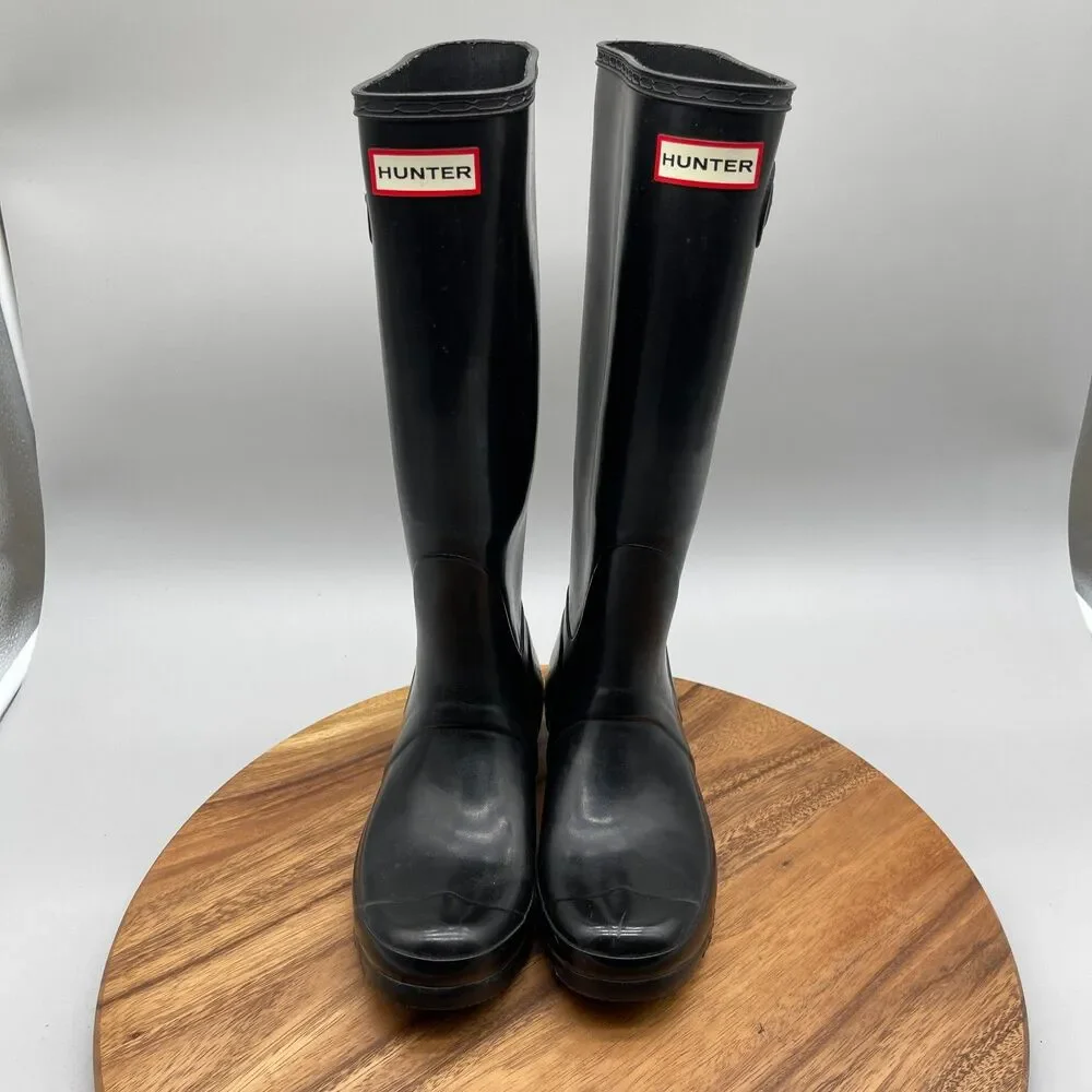 Hunter Boots Womens Size 7 Black Gloss Tall Rain Casual Waterproof Snow Shoes